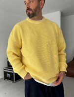 Мужской Базовый Вязаный Желтый Свитер Хлопок Оверсайз