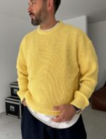 Мужской Базовый Вязаный Желтый Свитер Хлопок Оверсайз