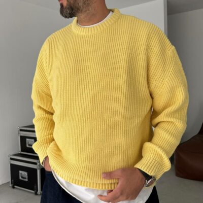 Мужской Базовый Вязаный Желтый Свитер Хлопок Оверсайз