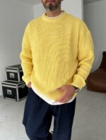 Мужской Базовый Вязаный Желтый Свитер Хлопок Оверсайз