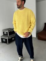 Мужской Базовый Вязаный Желтый Свитер Хлопок Оверсайз