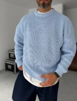 Мужской Базовый Вязаный Голубой Свитер Хлопок Оверсайз