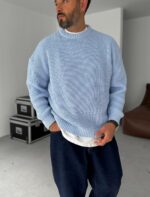 Мужской Базовый Вязаный Голубой Свитер Хлопок Оверсайз