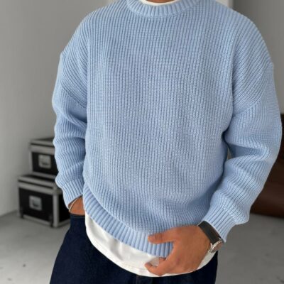 Мужской Базовый Вязаный Голубой Свитер Хлопок Оверсайз