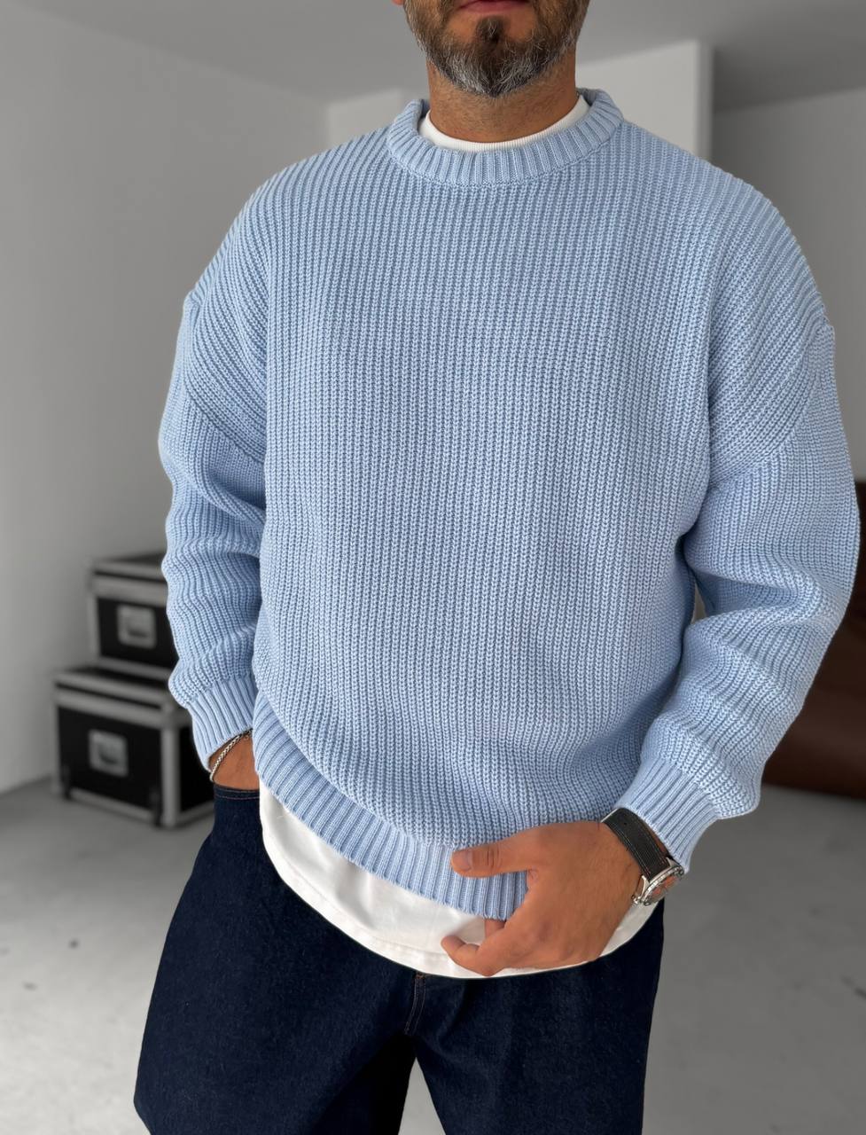photo_2025-12-03_18-24-30 Мужской Базовый Вязаный Голубой Свитер Хлопок Оверсайз