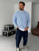 Мужской Базовый Вязаный Голубой Свитер Хлопок Оверсайз