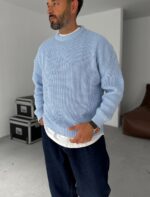 Мужской Базовый Вязаный Голубой Свитер Хлопок Оверсайз