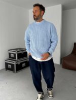 Мужской Базовый Вязаный Голубой Свитер Хлопок Оверсайз