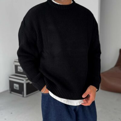 Мужской Базовый Вязаный Черный Свитер Хлопок Оверсайз