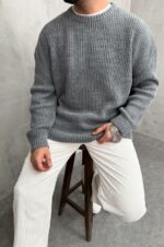 Мужской Базовый Вязаный Серый Свитер Хлопок Оверсайз