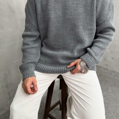 Мужской Базовый Вязаный Серый Свитер Хлопок Оверсайз