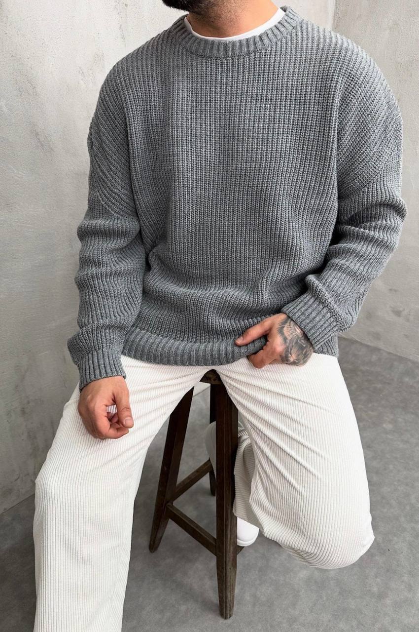 photo_2025-12-03_18-24-36 Мужской Базовый Вязаный Серый Свитер Хлопок Оверсайз