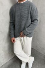 Мужской Базовый Вязаный Серый Свитер Хлопок Оверсайз