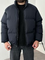 Мужская Зимняя Темно-Синяя Дутая Куртка Пуфер Оверсайз под Горло на Молнии с Резинками на Рукавах и Внизу