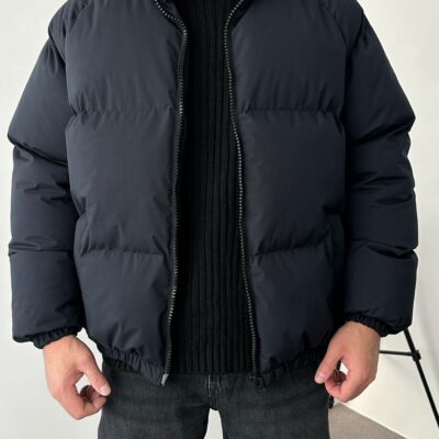 Мужская Зимняя Темно-Синяя Дутая Куртка Пуфер Оверсайз под Горло на Молнии с Резинками на Рукавах и Внизу