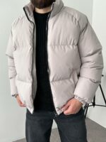 Мужская Зимняя Серая Дутая Куртка Пуфер Оверсайз под Горло на Молнии с Резинками на Рукавах и Внизу