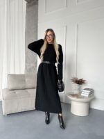 Женское Теплое Длинное Черное Платье Свободного Кроя с Фактурным Узором Косичка