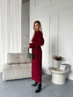 Женское Теплое Длинное Бордовое Платье Свободного Кроя с Фактурным Узором Косичка