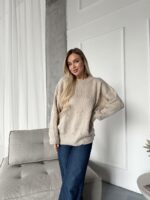 Женский Теплый Бежевый Свитер Джемпер Оверсайз с Жемчужинами