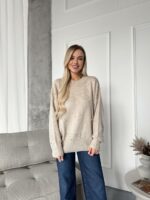 Женский Теплый Бежевый Свитер Джемпер Оверсайз с Жемчужинами