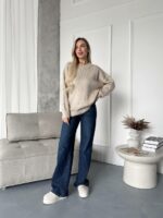 Женский Теплый Бежевый Свитер Джемпер Оверсайз с Жемчужинами