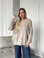 Женский Теплый Бежевый Свитер Джемпер Оверсайз с Жемчужинами
