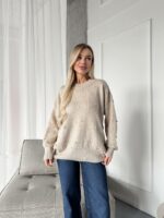 Женский Теплый Бежевый Свитер Джемпер Оверсайз с Жемчужинами