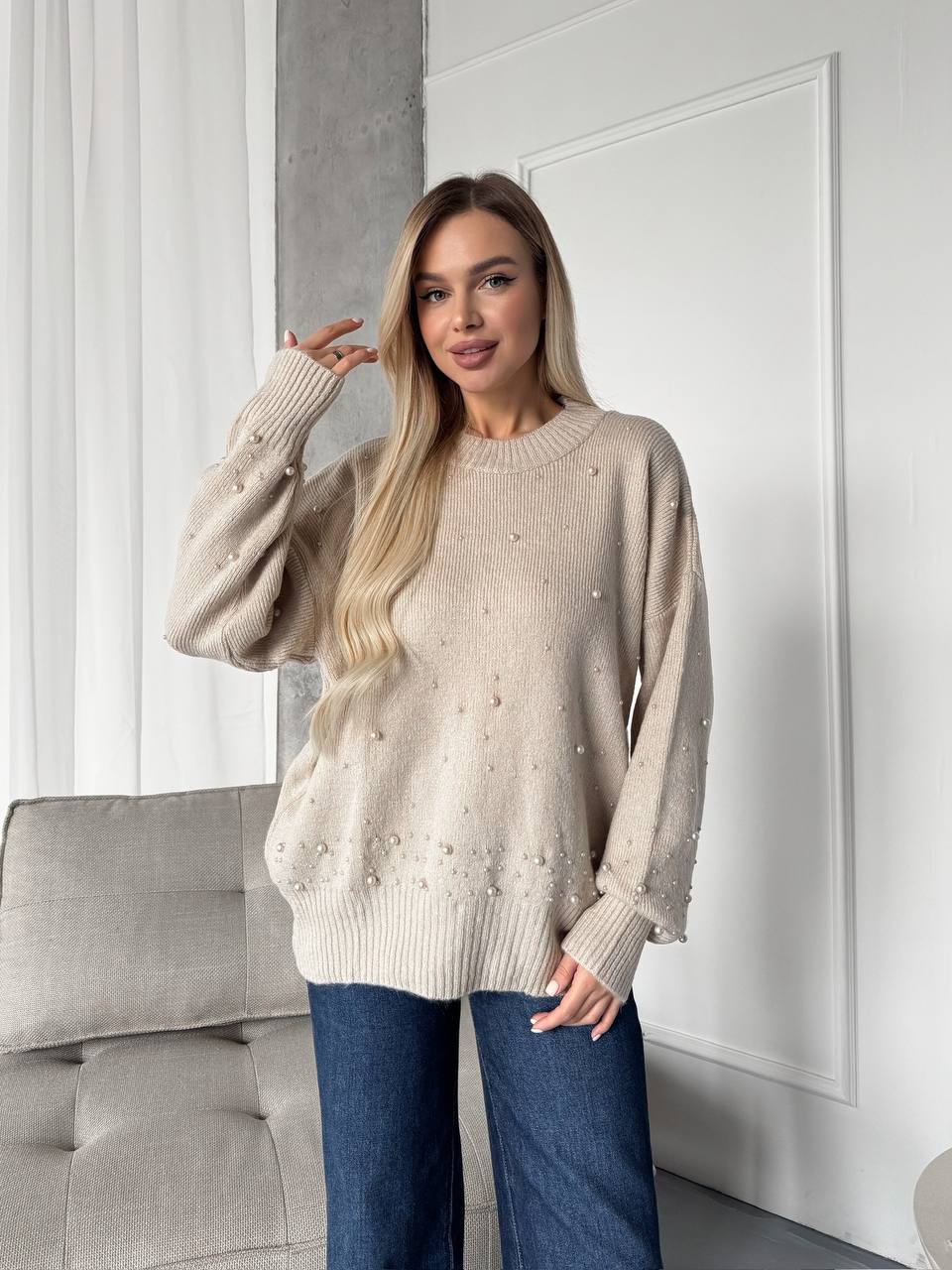 photo_2025-12-04_12-25-07 Женский Теплый Бежевый Свитер Джемпер Оверсайз с Жемчужинами