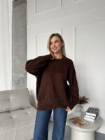 Женский Теплый Коричневый Свитер Джемпер Оверсайз с Жемчужинами