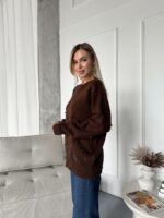 Женский Теплый Коричневый Свитер Джемпер Оверсайз с Жемчужинами
