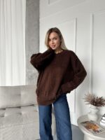 Женский Теплый Коричневый Свитер Джемпер Оверсайз с Жемчужинами