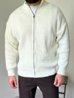 Мужской Базовый Вязаный Белый Свитер под Горло на Молнии Оверсайз