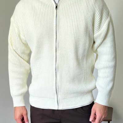 Мужской Базовый Вязаный Белый Свитер под Горло на Молнии Оверсайз