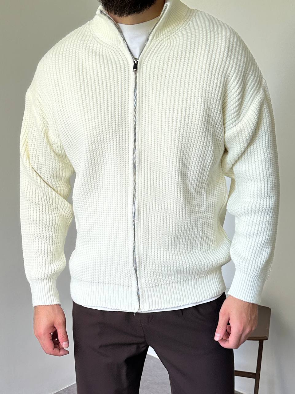 photo_2025-12-04_21-03-40 Мужской Базовый Вязаный Белый Свитер под Горло на Молнии Оверсайз