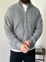Мужской Базовый Вязаный Серый Свитер под Горло на Молнии Оверсайз