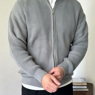 Мужской Базовый Вязаный Серый Свитер под Горло на Молнии Оверсайз