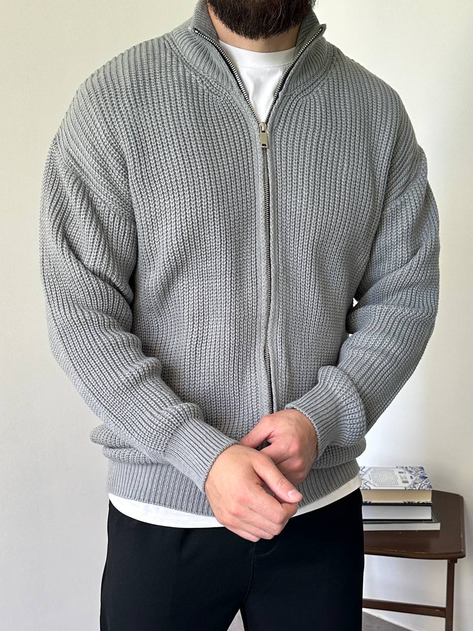 photo_2025-12-04_21-03-45 Мужской Базовый Вязаный Серый Свитер под Горло на Молнии Оверсайз