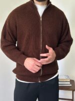 Мужской Базовый Вязаный Коричневый Свитер под Горло на Молнии Оверсайз