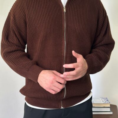 Мужской Базовый Вязаный Коричневый Свитер под Горло на Молнии Оверсайз