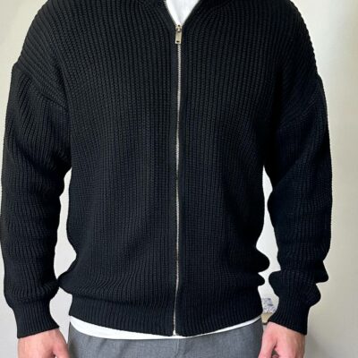 Мужской Базовый Вязаный Черный Свитер под Горло на Молнии Оверсайз