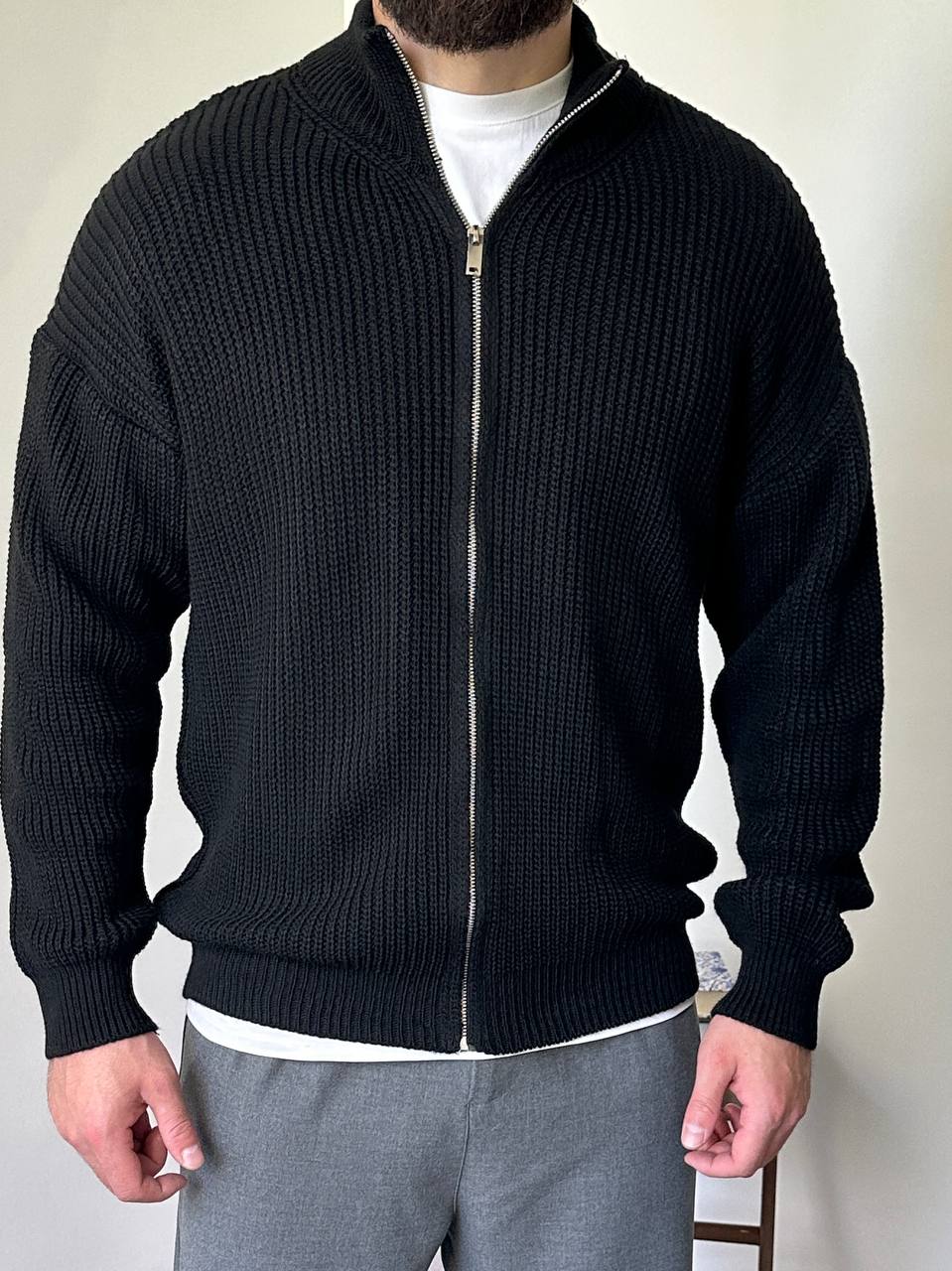 photo_2025-12-04_21-03-54 Мужской Базовый Вязаный Черный Свитер под Горло на Молнии Оверсайз
