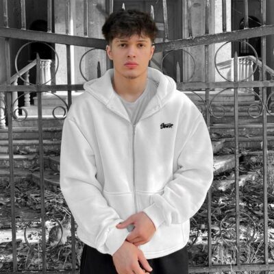 Мужская Утепленная Белая Зип Кофта Худи - Трехнитка на Флисе