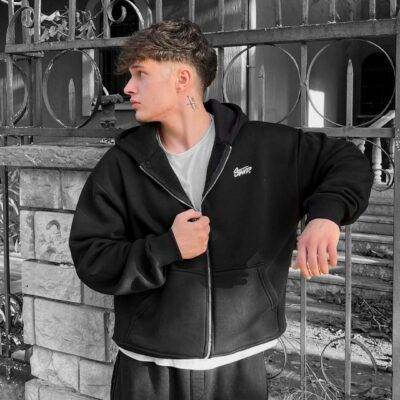 Мужская Утепленная Черная Зип Кофта Худи - Трехнитка на Флисе