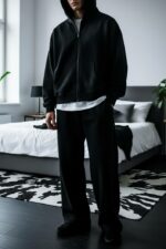 Мужской Утепленный Черный Костюм Оверсайз на Молнии с Начесом (Зипка + Штаны)