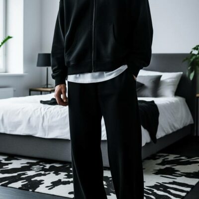 Мужской Утепленный Черный Костюм Оверсайз на Молнии с Начесом (Зипка + Штаны)