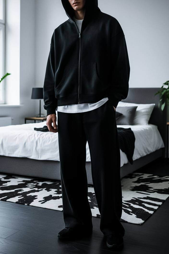 photo_2025-12-04_21-57-18 Мужской Утепленный Черный Костюм Оверсайз на Молнии с Начесом (Зипка + Штаны)