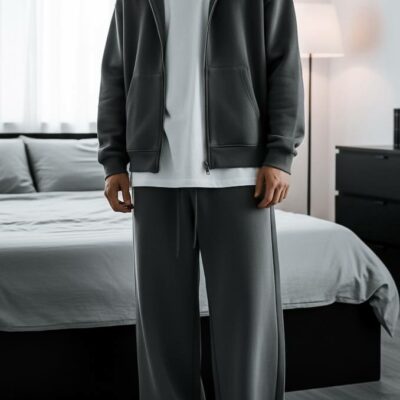 Мужской Утепленный Графитовый Костюм Оверсайз на Молнии с Начесом (Зипка + Штаны)