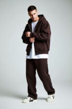Мужской Утепленный Коричневый Костюм Оверсайз на Молнии с Начесом (Зипка + Штаны)