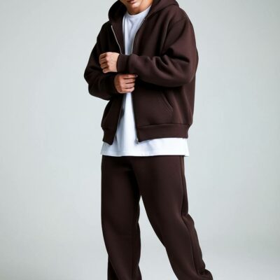 Мужской Утепленный Коричневый Костюм Оверсайз на Молнии с Начесом (Зипка + Штаны)