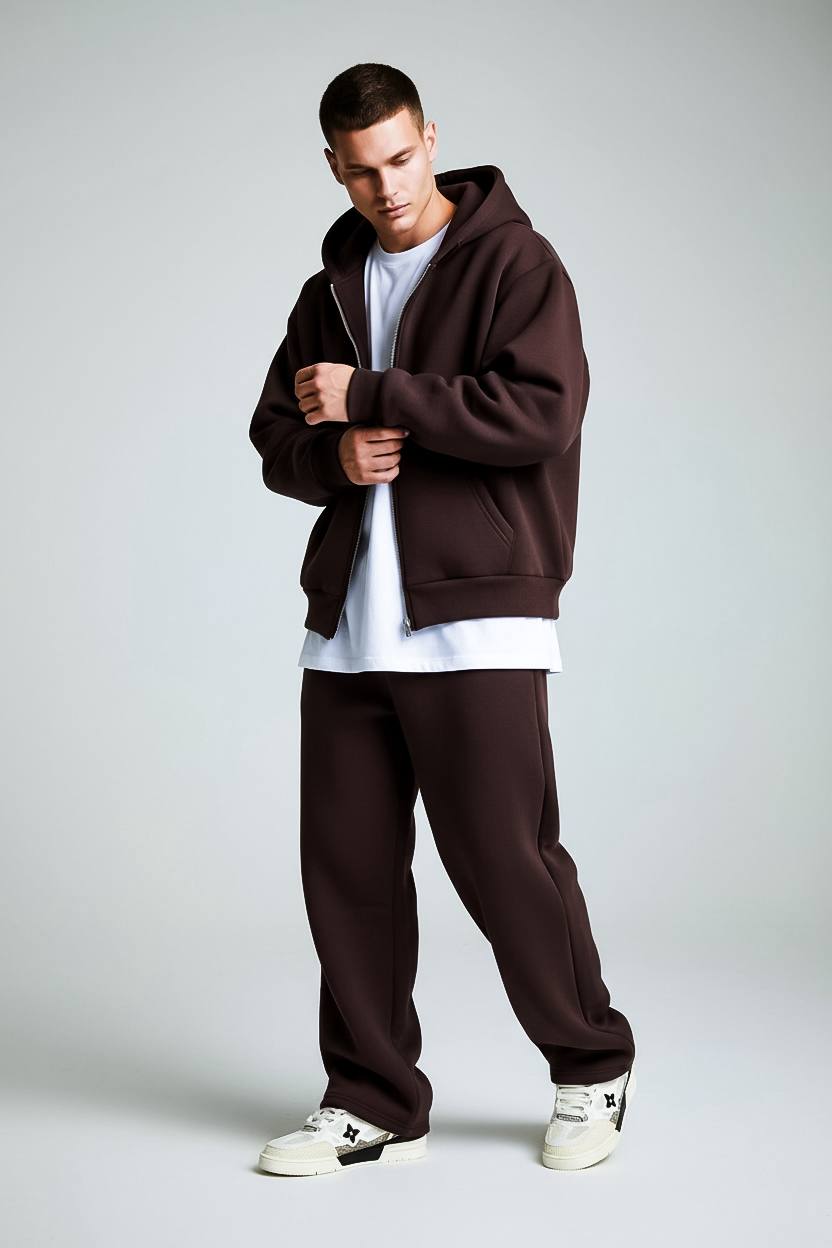 photo_2025-12-04_21-57-25 Мужской Утепленный Коричневый Костюм Оверсайз на Молнии с Начесом (Зипка + Штаны)